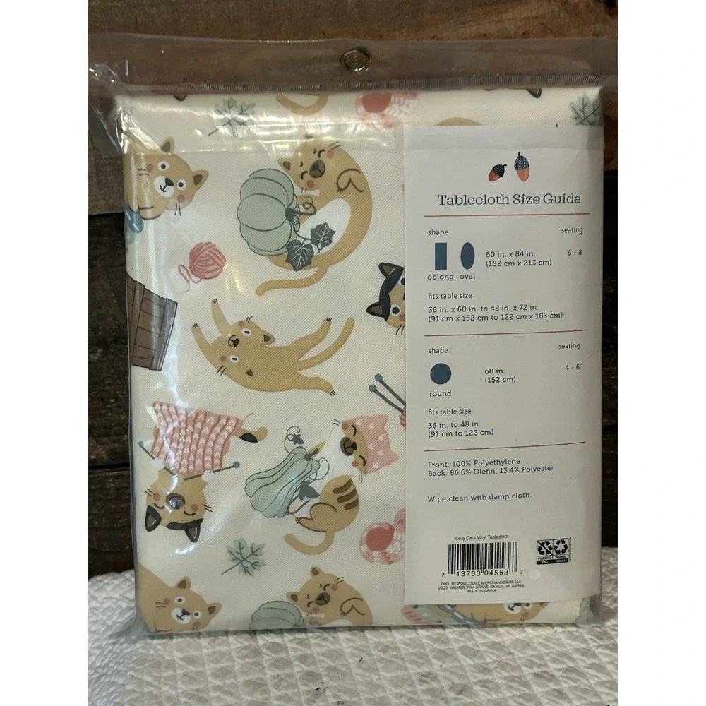 Vinyl Tablecloth 60x84 Fall Cozy Cats‎ Pumpkin Yarn Camping Picnic Party